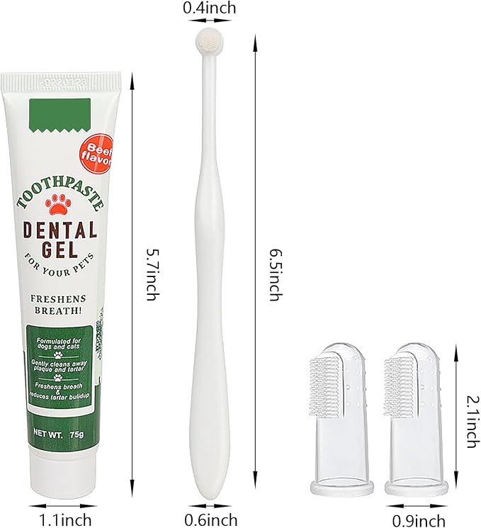 Pet Toothbrush Toothpaste Kit Dog Teeth Cleaning Cat Teeth Cleaning Dental Care Kit Pet Finger Toothbrush, Reduce Plaque & Tartar Buildup, Beef Flavor