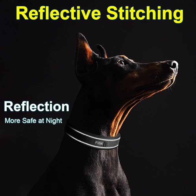 Fida Heavy Duty Dog Collar for Medium Dogs with Metal Belt Buckle, Black | Soft Neoprene Padded for Extra Comfort, Thicker Nylon Webbing, Adjustable Fit, Reflective Stitching for Night Safety