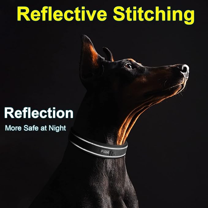 Fida Heavy Duty Dog Collar for Large Dogs with Metal Belt Buckle, Black | 1.5" Width, Soft Neoprene Padded, Thicker Nylon Webbing, Adjustable Fit, Reflective Stitching for Night Safety