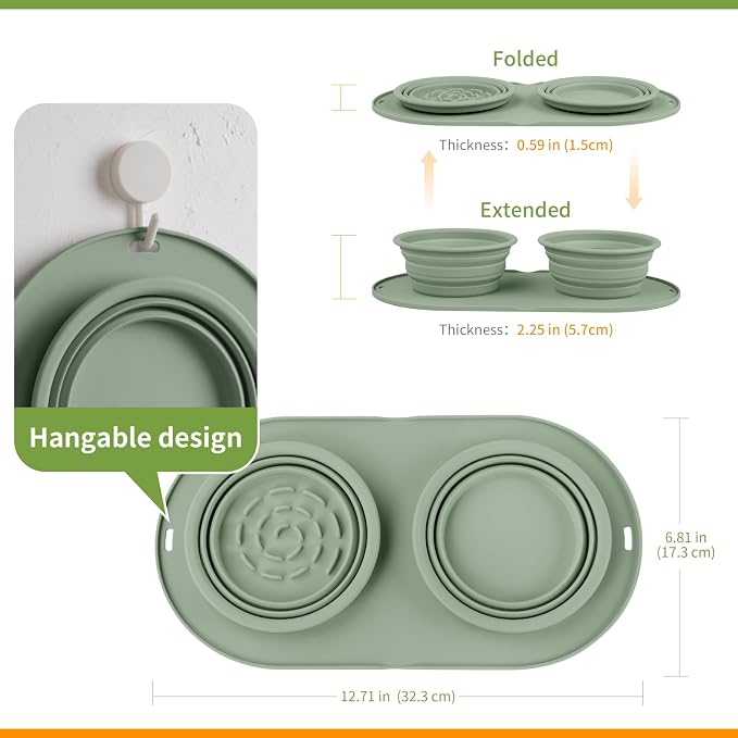 Puppy Dog Bowl, No-Spill Collapsible Double Bowl, Green