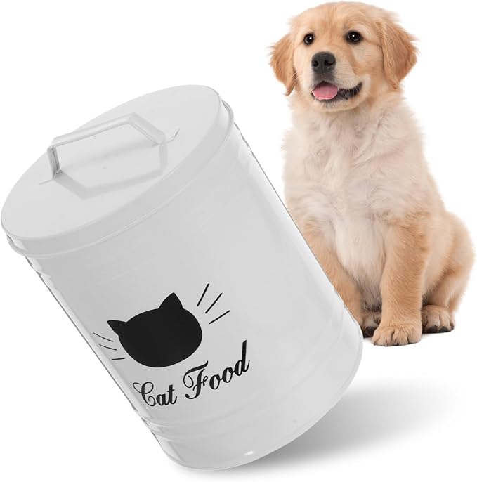 Airtight Dog Food Container Iron Metal Canister for Pet Treats Sealed Cat Food Bucket, Iron, White