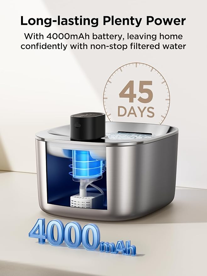 FEELNEEDY Wireless Cat Water Fountain Stainless Steel with Sensor, 4000mAh Battery Operated, 4L/135fl oz Pet Water Fountain for Cats Dogs, Ultra Quiet Cat Drinking Fountain with 2 Filters (YPD-C004S)