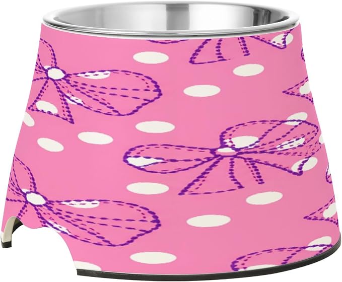 Blueangle Elevated Dog Bowls with Stainless Steel - Non-Slip 2.3 Cup High Capacity Pet Dish for Spinal Health & Dots Bows Design（385）