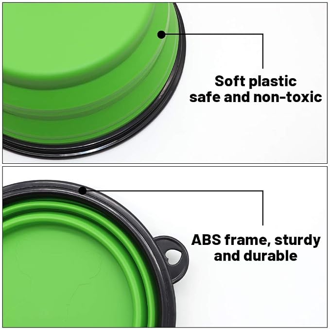 Dog Bowl Collapsible, 2 Pack, with Carabiners, Large, Green+Purple
