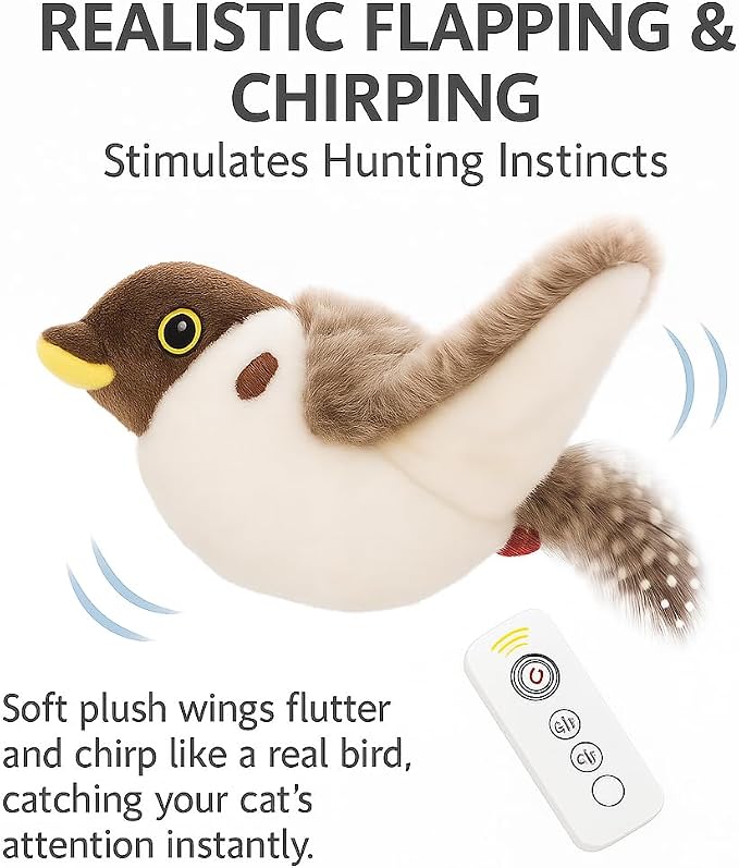 Flying Bird Cat Toy – Remote Control, Flapping Wings & Chirping Sound (Not Flying), USB Rechargeable Motion Toy for Indoor Cats