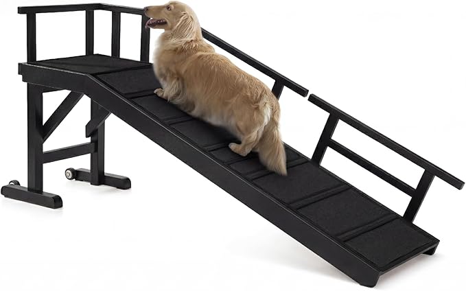 Dog Ramp for Bed or Couch, Wooden Pet Ramp with 20° Gentle Slope, Removable Side Rails, Non-Slip Surface, Top Platform & Wheels, Safe Bed Ramp for Small, Large & Senior Dogs, 60" Long, Black