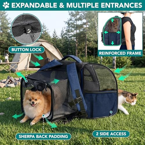 PetAmi Expandable Dog Backpack Carrier, Top Window & Multi-Entry, Up to 18 lbs, Navy