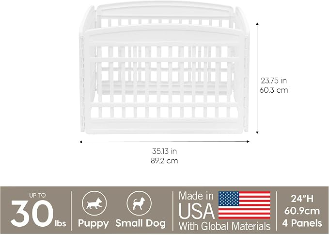 IRIS USA Dog Playpen 24" 4-Panel Puppy Playpen, 35 x 35 x 24, Puppy Fence, Dog Playpen, Dog Play Pen Indoors, Pet Fence, Puppies/Small Dogs, White