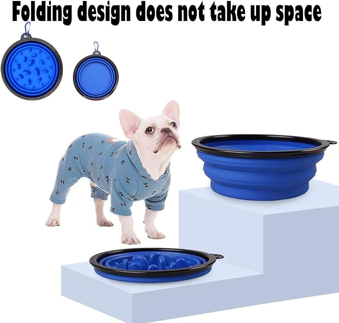 Pet Blue Collapsible Double Bowl Set, Slow Feeder, Blue