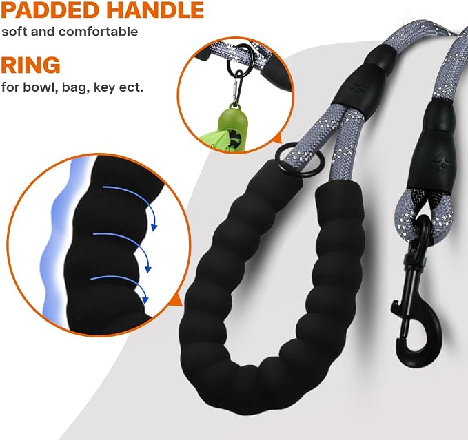 Taglory Rope Dog Leash for Small Medium Dogs, 6 FT Padded Handle, Grey | Made of Climbing Rope, Reflective for Night Walks and Training, Comfortable Grip, Anti-tangle Swivel Clip, 3/8 inch