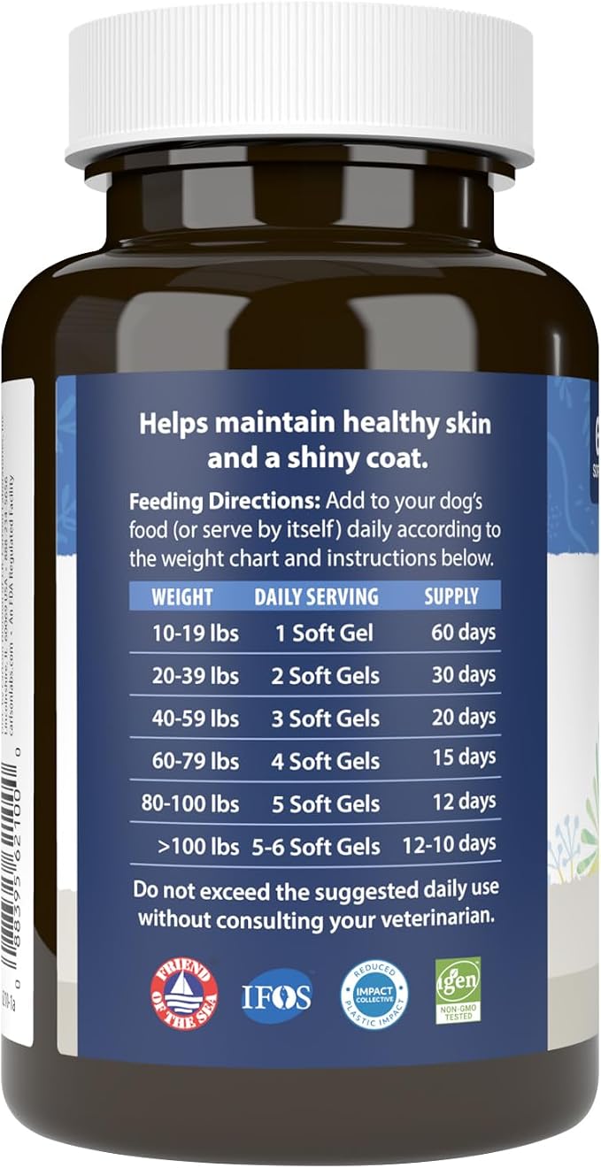 Carlson Omega-3 Fish Oil Soft Gels for Dogs, Supports Skin & Coat, Joint & Heart Health, Dog Supplement, 60 Soft Gels
