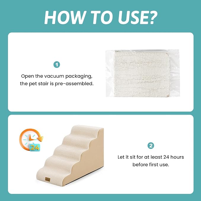 COZY KISS Dog Stairs for Small Dogs, 5 Step Pet Stairs for Beds & Couches | 19.7" H Curved Non-Slip Foam Dog Steps with Washable Cover for Puppies, Older Cats & Small Dogs, 15.7x33x19.7 in, Beige