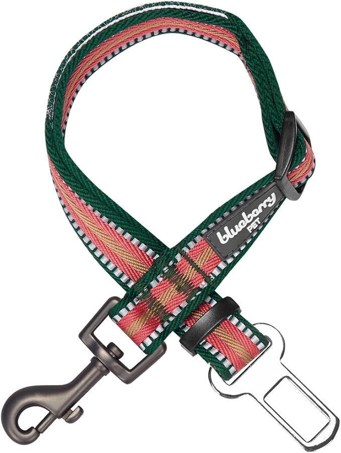 Blueberry Pet Dog Leash & Puppy Essentials: 3M Reflective Multi-Colored Stripe Adjustable Dog Seat Belt for Car, Safety Tether for Dogs, Dark Green/Pink, 1" Width, 16.5"-25.5" Length