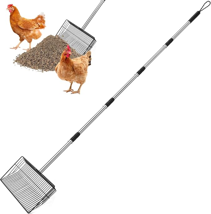 SlowTon Chicken Poop Scooper 10" Wide - Stainless Steel Chicken Coop Scoop Heavy Duty with 40 to 77" Long Handle for No Bending Work, Chicken Coop Litter Cleaning Tool Sand Sifting Shovel