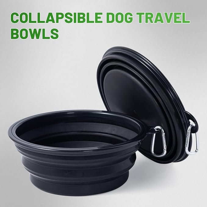 Extra Large Dog Bowl Collapsible, 2 Pack, with Carabiners, Jumbo, Black+Black