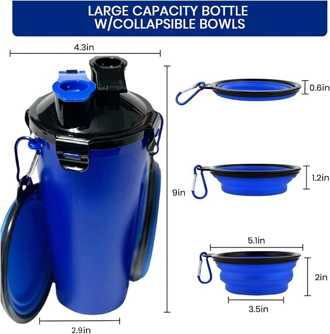 2-in-1 Dog Travel Water Bottle with Collapsible Bowl, Blue