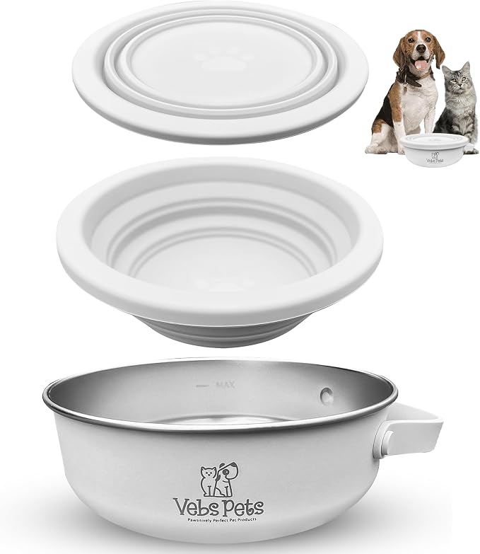 Vebs Pets Stainless Steel Dog Bowl with Collapsible Lid, Vaporous Grey