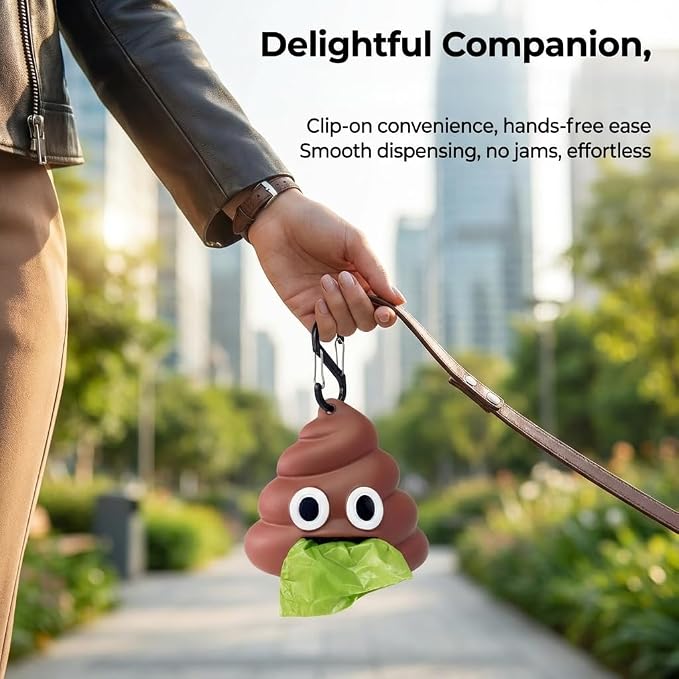 Dog Poop Bag Holder for Leash, Cute Poop Shape Design, Sturdy Dispenser Includes 1 Roll 15 Waste Bags