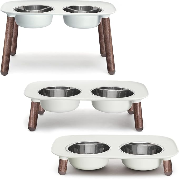 Messy Mutts Elevated Double Dog Feeder, Adjustable Height, Faux Wood | Adjustable-Height Elevated Double Dog Feeder With Two 5 Cup Stainless Bowls, Legs Set To 3, 5, Or 10 Inches