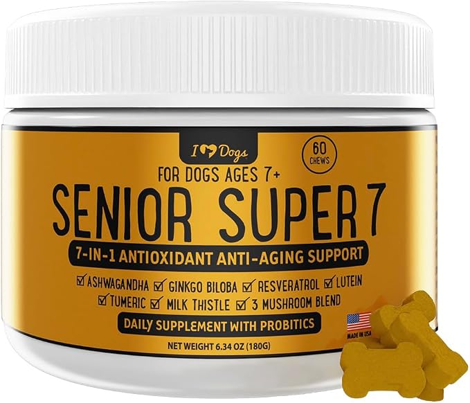 iHeartDogs Senior Super 7 Dog Multivitamin with Probiotics, 60 Chews | Anti-Aging with Antioxidants, Probiotics, Lion's Mane, Turkey Tail, Ashwagandha, Supports Longevity & Cognitive Boost