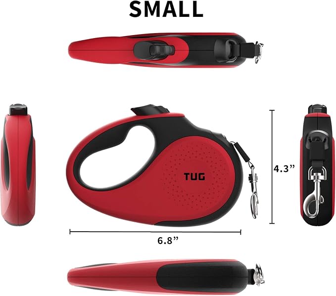TUG Original Retractable Dog Leash, 16 ft (Small, Red) | 360° Tangle-Free Retraction, 16 ft Tape, Quick Thumb Lock, Anti-Slip Handle, For Dogs Under 35 lbs