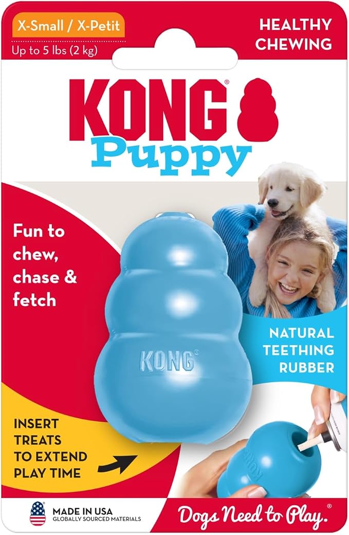 KONG Puppy, Natural Rubber Teething Chew Toy, for XS Puppies, Blue | Gentle Natural Teething Rubber Toy, Stuffable for Treats & Built for Chewing & Fetch with Growing Puppies