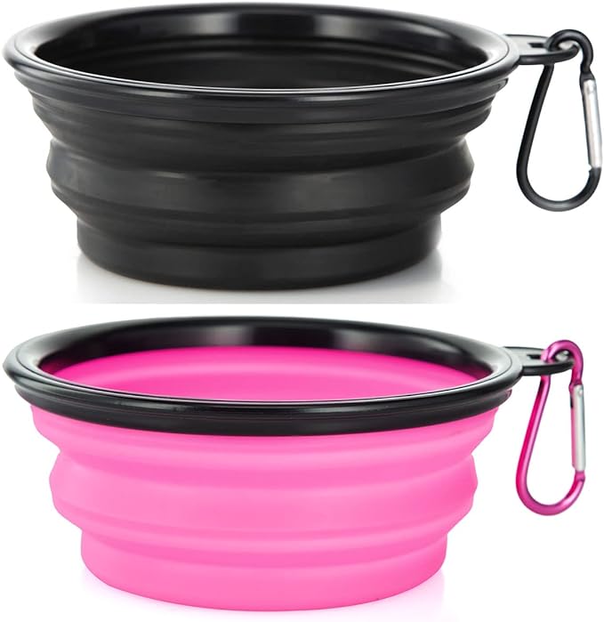 Dog Bowl Collapsible, 2 Pack, with Carabiners, Small, Black & Pink