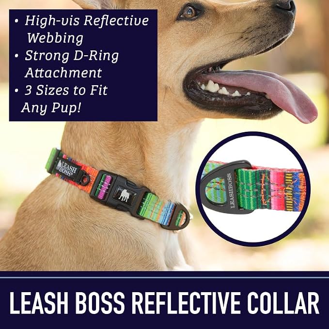 Leash Boss Adjustable Reflective Dog Collar, Quick-Release Buckle and Reflective Piping and Threads for Small, Medium and Large Dogs (Large - Red 16.5-25" Neck x 1" Wide)