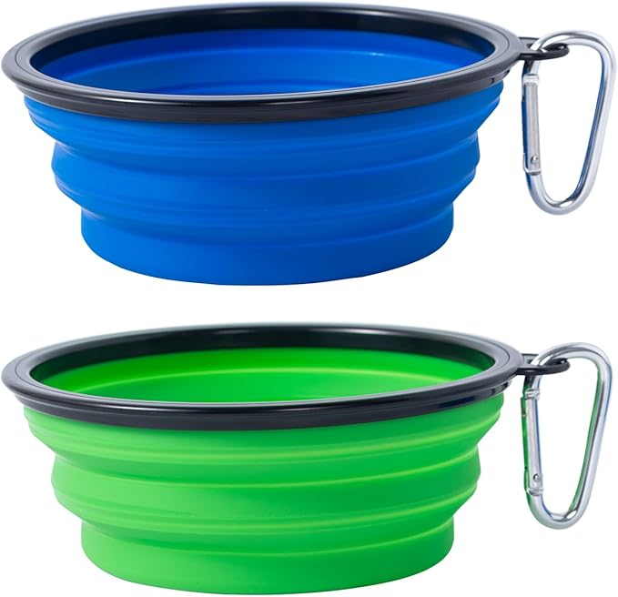 Dog Bowl Collapsible, 2 Pack, with Carabiners, Medium, Blue+Green