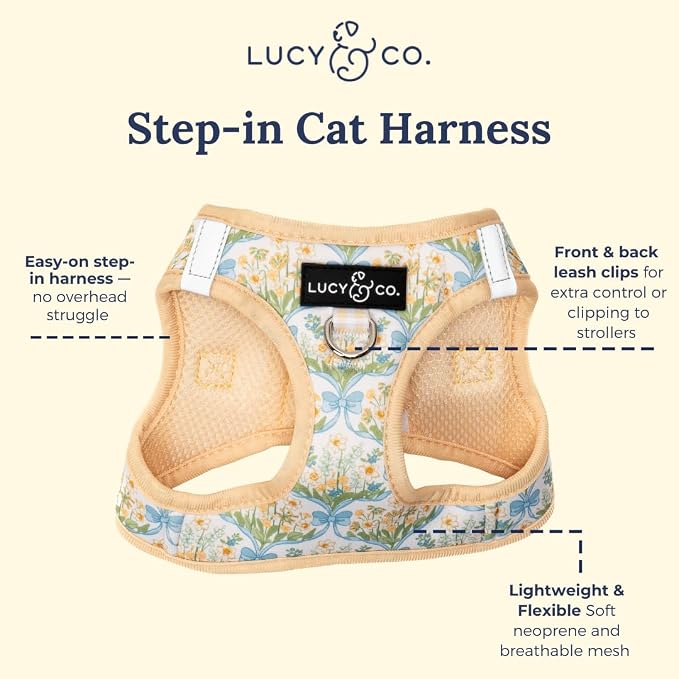Lucy & Co. Sunshine and Daffodils Step-in Cat Harness and Leash Set Bundle, Escape Resistant Comfort Fit, Medium