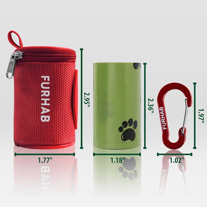 FURHAB Dog Poop Bag Holder for Leash Doggie Waste Bag Dispenser Soft Fabric Puppy Potty Carrier Small Doggy Zipper Pouch with Carabiner Clip 1680D Nylon Oxford with 1 Roll of Pet Trash Bags, Red