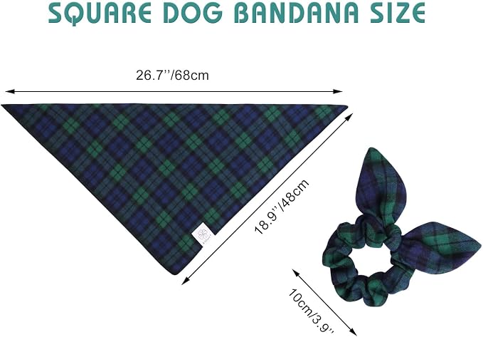 E-Clover Blue Green Plaid Dog Bandanas Girl Matching Scrunchie Medium Large, Large-set of 1, Medium, Blue
