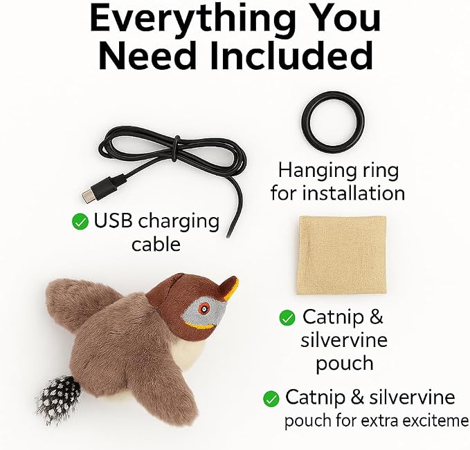 Flapping Bird Cat Toy, White Faced Sparrow | No Flying, Chirping, With Catnip, Rechargeable, For Indoor Cats