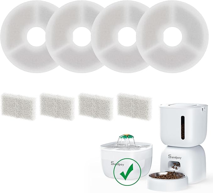 Sandpoy 4 Pack Replacement Filters & 4 Pack Pre-Filter Sponges Set for Sandpoy FW1 Automatic Cat Feeder and Water Dispenser