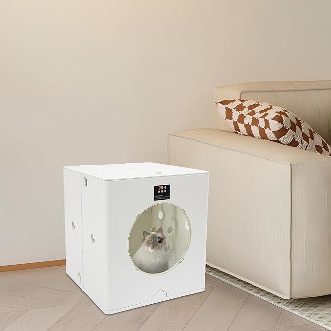 Pet Dryer Box for Dogs Cats, 800W Large Foldable Hair Drying Cabin, 79.9Qt | 6 Air Vents, Adjustable Temp & Timer, Quiet, Portable Grooming Bed, Child Lock, White, 44lb Capacity, Button Control