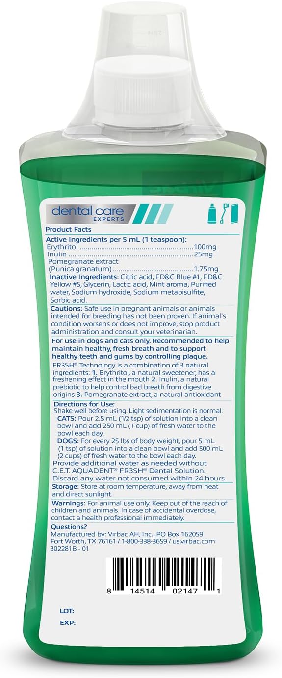 C.E.T. Aquadent Fr3sh Dental Solution for Dogs & Cats, 500 ml | VOHC approved for dogs, pet dental care, liquid pet breath freshener, supports digestive health, just add water