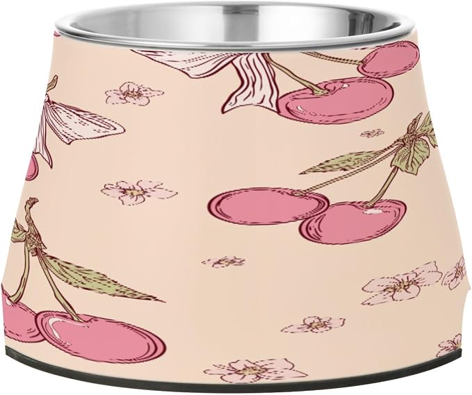 Blueangle Elevated Dog Bowls with Stainless Steel - Non-Slip 2.3 Cup High Capacity Pet Dish for Spinal Health & Cherry and Bow Design（410）