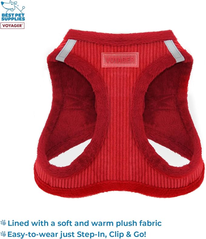 Voyager Step-in Plush Dog Harness – Soft Plush, Step in Vest Harness for Small and Medium Dogs by Best Pet Supplies - Red Corduroy (Leash Bundle), S (Chest: 14.5-16") (Pack of 2)