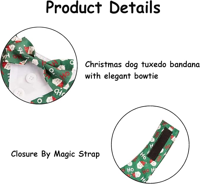 Adjustable Green Santa Christmas Dog Tuxedo Bandana with Bow Tie, X-Large, XS, Green