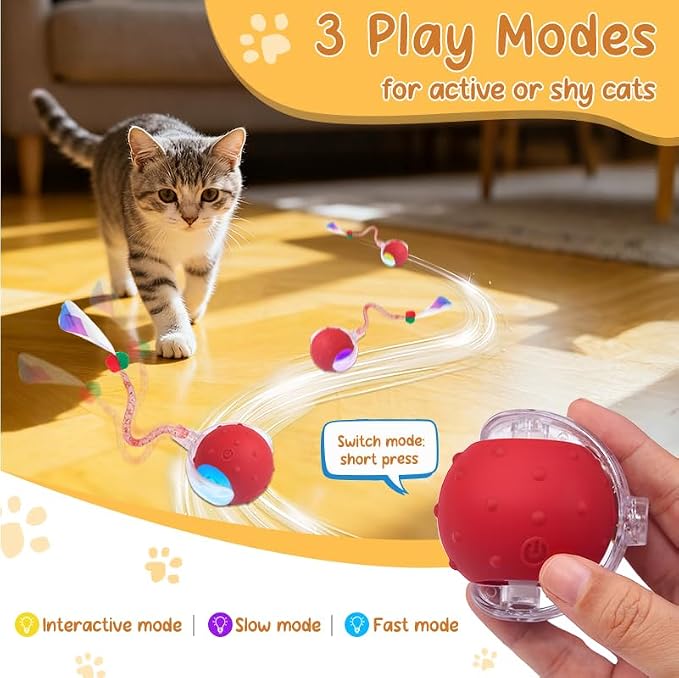 Interactive Cat Ball Toy, Motion Activated Electric Rechargeable Cat Toy | Interactive Mode, Fast&Slow Mode, Standby Mode Save Power, 2 Tails, Chirping, Self Play Toy for Bored Indoor Cats & Kittens