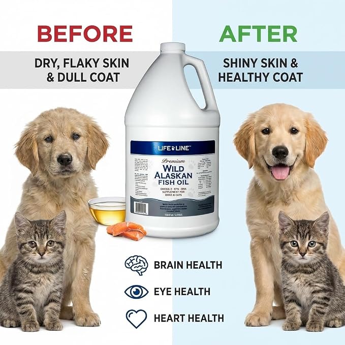 Life Line Pet Nutrition Wild Alaskan Fish Oil for Dogs and Cats 128oz – Omega 3 Fish Oil Supplement for Skin & Coat, Brain, Eye & Heart Health