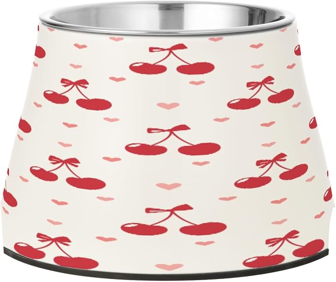 Blueangle Elevated Dog Bowls with Stainless Steel - Non-Slip 2.3 Cup High Capacity Pet Dish for Spinal Health & Cherries and Bows Design（291）