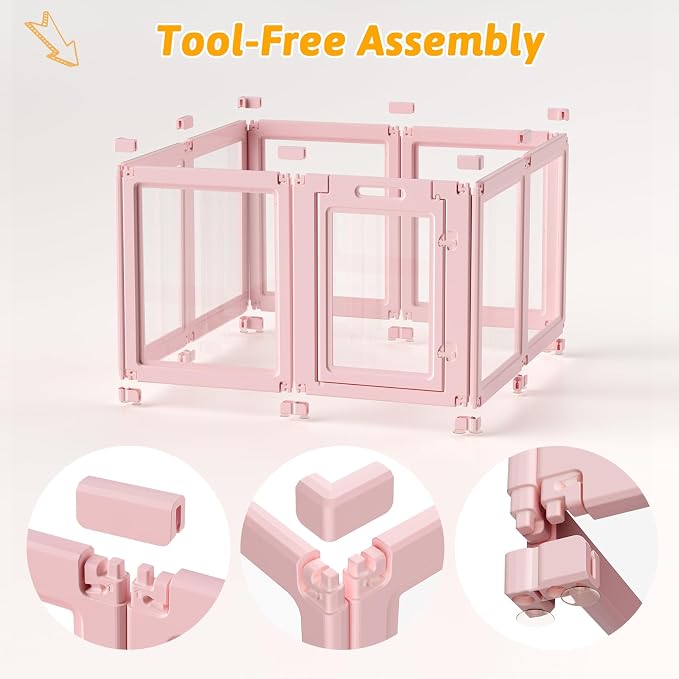 DIY Clear Acrylic Dog Playpen House,Quick Easy Assembly and Disassembly,Strong Floor Suction,Indoor and Outdoor Use,Easy Cleansing Puppy Fence (Skin Pink, 30.3" H, 8PCS)
