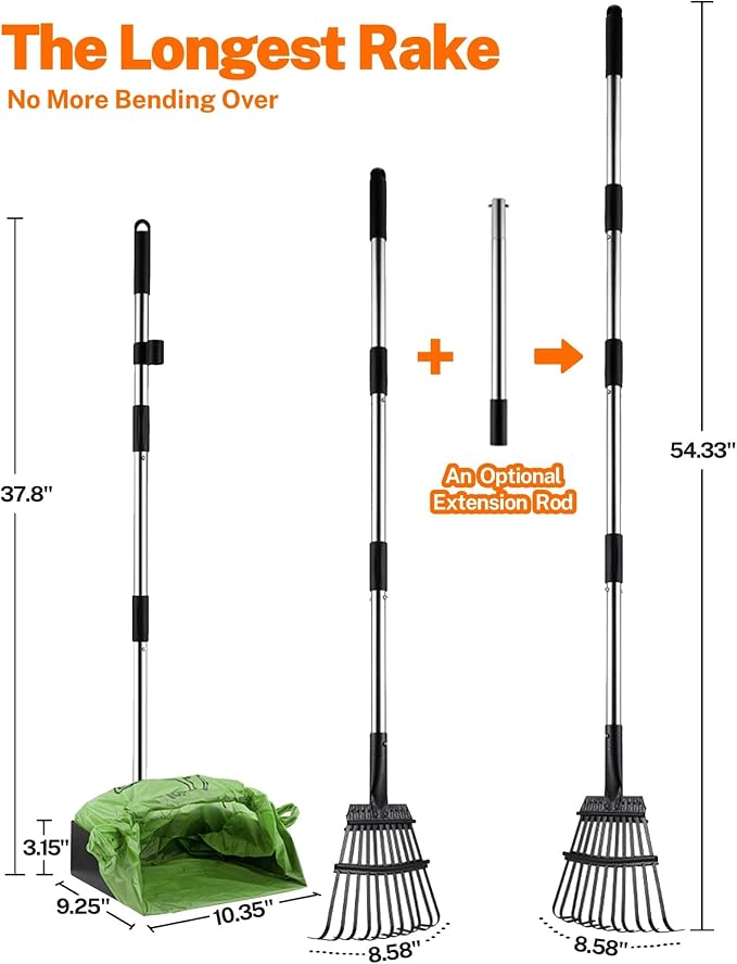 Toozey Dog Pooper Scooper for Large Dogs — 54" Extra Long Handle Poop Scooper for Yard Use, Extra Large Metal Tray & Bag Holder | Easy Cleanup for All Dog Sizes with 20 Bags