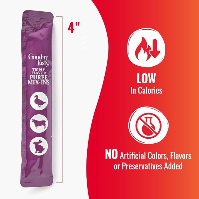 Good 'n' Tasty Triple Flavor Puree Mix-Ins Variety Pack Dog Food Topper Treats for All Dogs, 84 Count, Easy Single-Serve Portions, Added Protein with Chicken, Salmon, Duck, Beef and Rabbit
