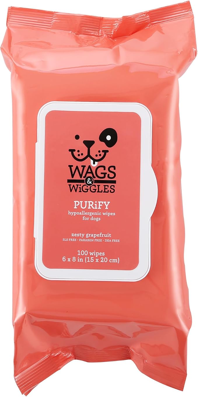 Wags & Wiggles Purify Hypoallergenic Grooming Wipes, Grapefruit, 100 Count