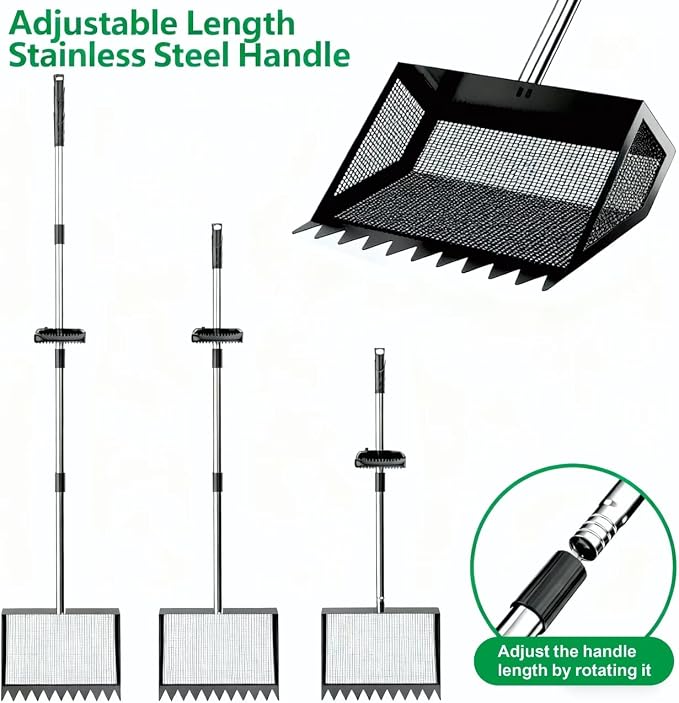 Chicken Poop Scooper & Rake 3-in-1, Metal Coop Shovel, Sand Sifting Shovel, Pet Waste Cleans. Litter Sifting Cleaning Tool with 35" to 62" Adjustable Stainless Steel Handlele