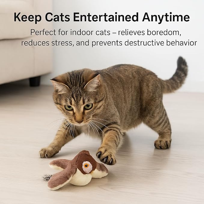 Flapping Bird Cat Toy, White Faced Sparrow | No Flying, Chirping, With Catnip, Rechargeable, For Indoor Cats