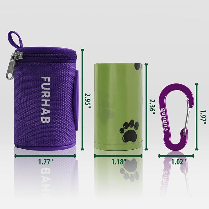 FURHAB Dog Poop Bag Holder for Leash Doggie Waste Bag Dispenser Soft Fabric Puppy Potty Carrier Small Doggy Zipper Pouch with Carabiner Clip 1680D Nylon Oxford with 1 Roll of Pet Trash Bags, Purple