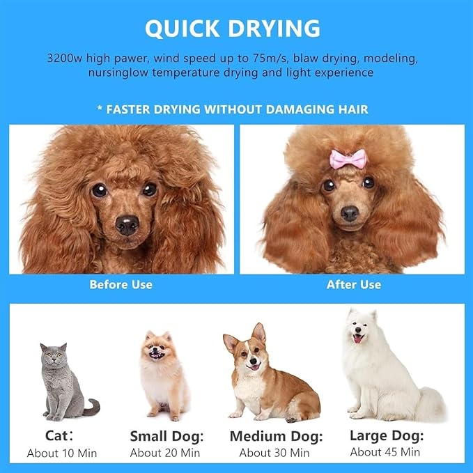 Pet Hair Dryer, 3200W Stepless Adjustable Speed Cat Dog Hair Dryer LCD Pet Grooming Vacuum Dog Grooming Blower Heater Mute
